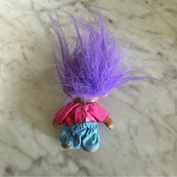 Vtg Russ Troll Doll Purple Hair, BlueEyes, acid wash shorts & neon top  3” - Picture 4 of 8